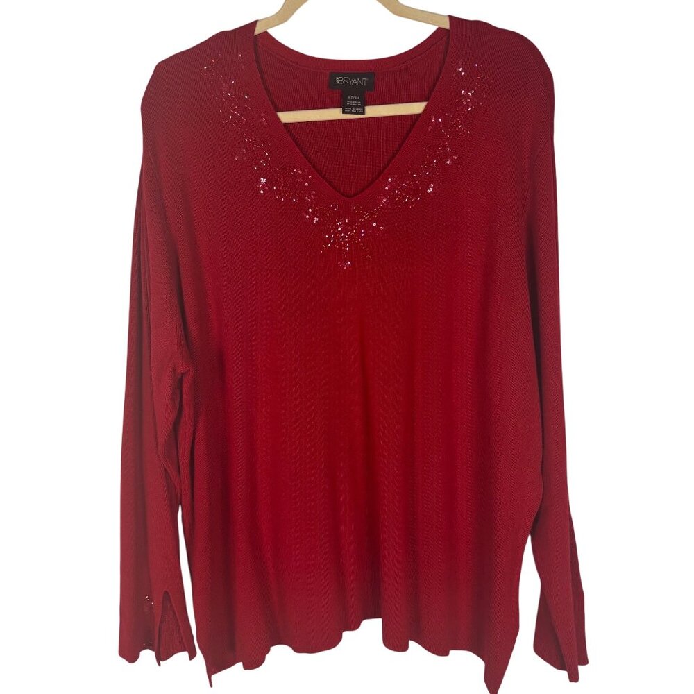 Lane Bryant Plus Size 22/24 Red Beaded V-Neck Sweater Holidays Christmas Winter